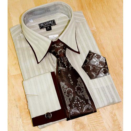 Tessori Taupe/Brown Woven Stripes Double Collar Shirt with Rhine Stones Tie/Hanky Set SH-10